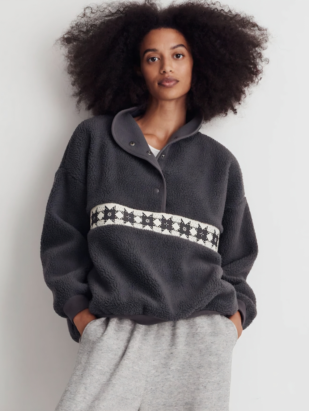 Madewell Grey Resourced Sherpa Popover Long Sleeve Top
